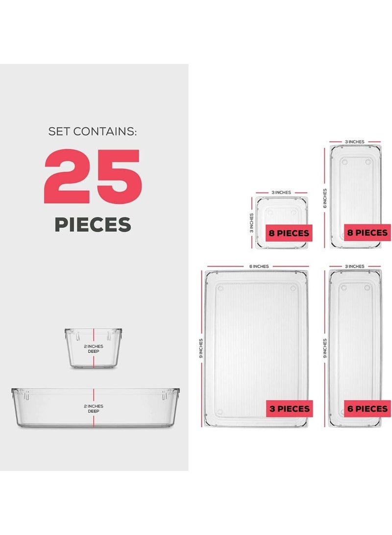 Bukela 25 PCS Clear Plastic Drawer Organizers Set, 4-Size Versatile Bathroom and Vanity Drawer Organizer Trays, Storage Bins for Makeup, Bedroom, Kitchen Gadgets Utensils and Office Accessories - Image 2